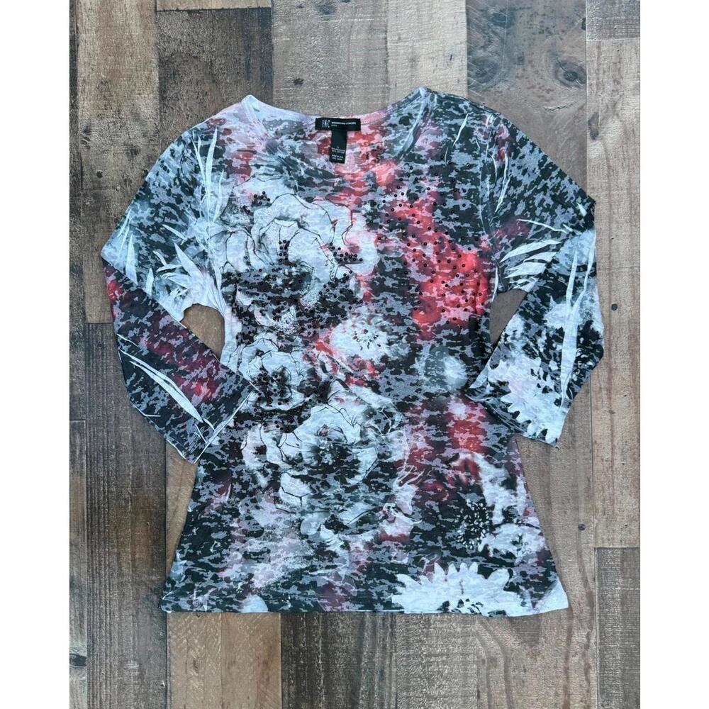 INC Grungy Floral Bedazzled 3/4th Sleeve Top Size L